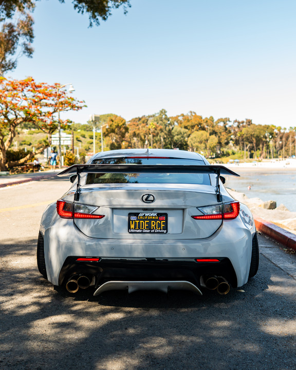 Dana Balthasar’s gray widebody Lexus RC F photographed along the coast.