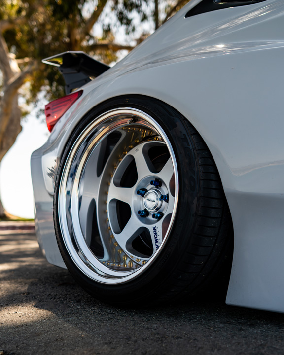 Close-up of Dana Balthasar’s Lexus RC F fitted with deep-dish Work Meister L1 wheels.
