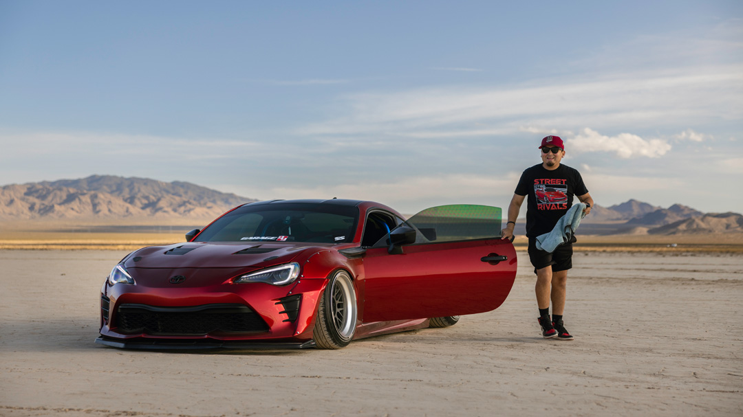 Anthony Gonzales’ red widebody Scion FR-S photographed in the desert.