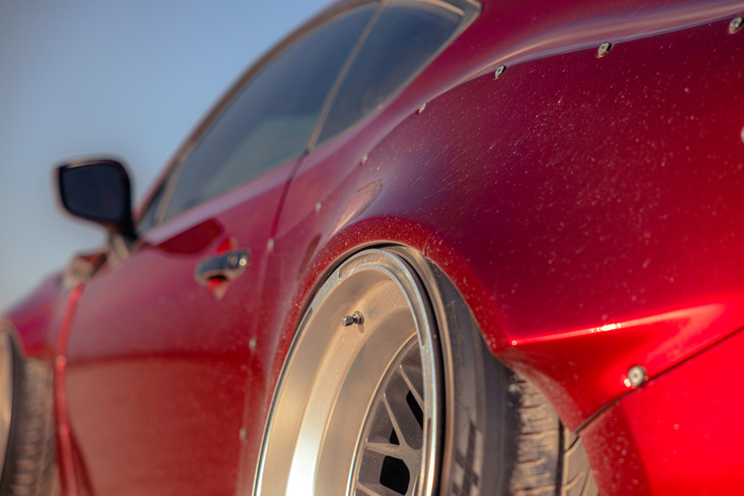 Anthony Gonzales’ red widebody Scion FR-S photographed in the desert.