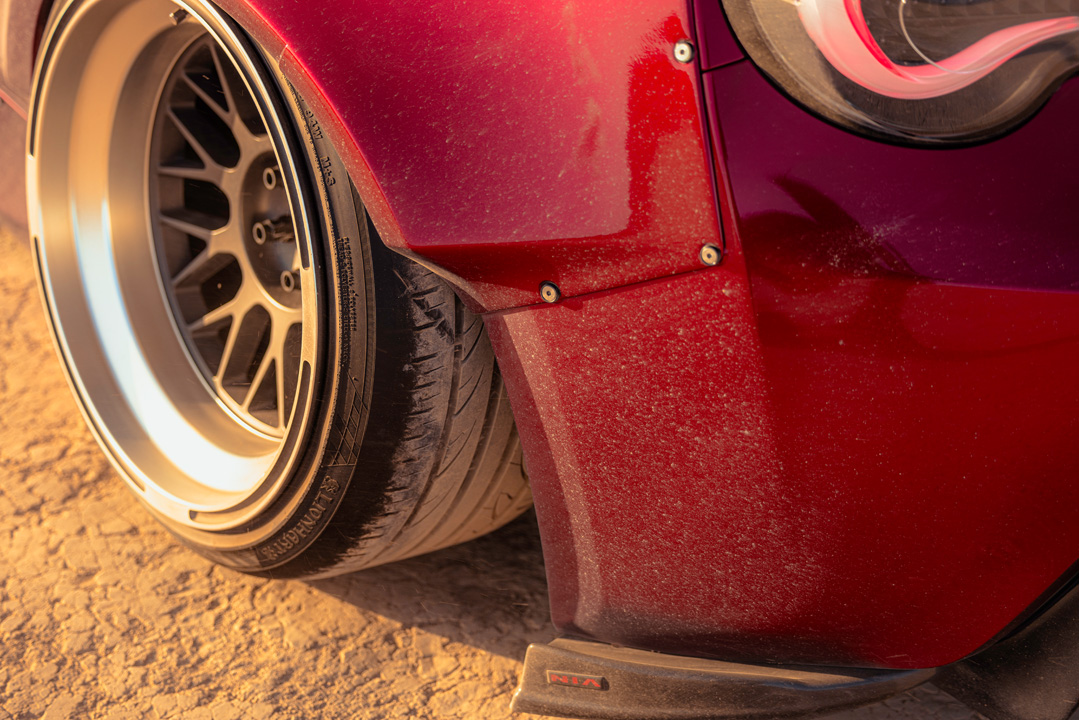 Anthony Gonzales’ red widebody Scion FR-S photographed in the desert.