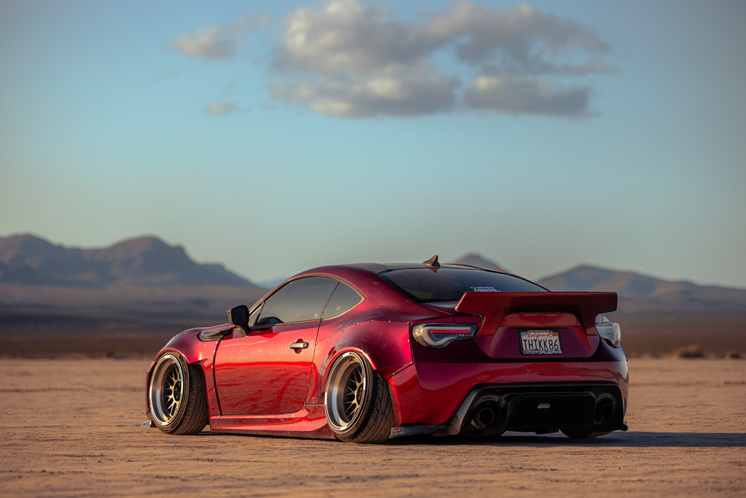 Anthony Gonzales’ red widebody Scion FR-S photographed in the desert.