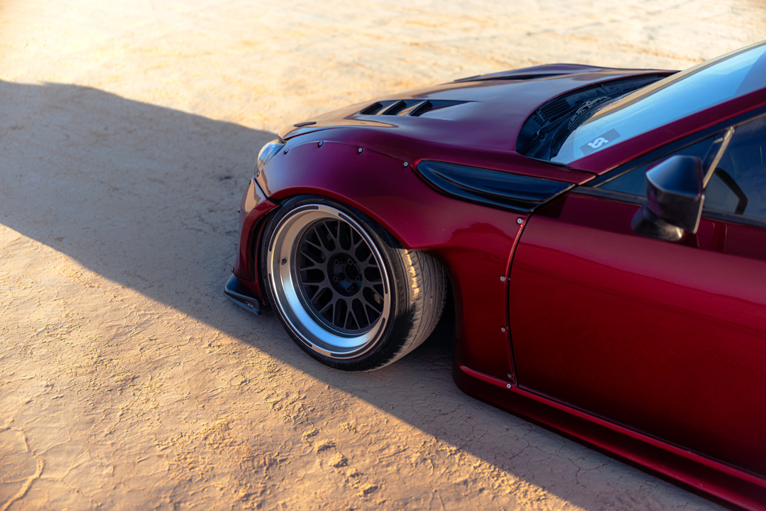 Anthony Gonzales’ red widebody Scion FR-S photographed in the desert.