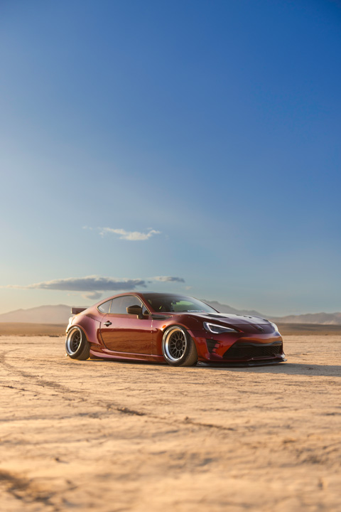 Anthony Gonzales’ red widebody Scion FR-S photographed in the desert.