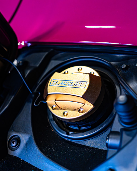 Close-up of the Blackline Performance fuel cap detail on Giuseppe Balthasar’s Lexus IS 500.