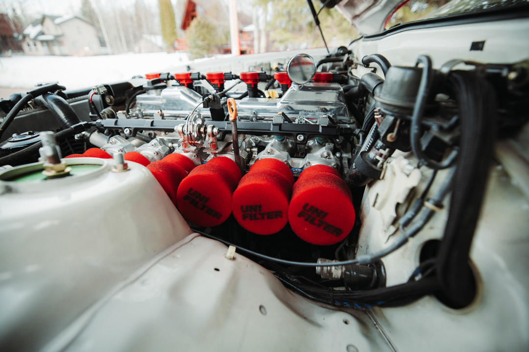 Close-up of the individual throttle bodies on Gary Zackodnik’s 2JZ-GE swapped Toyota Soarer.