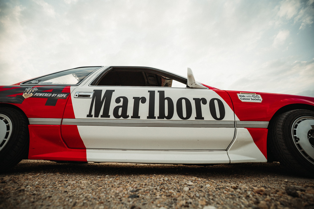 Side detail of Gary Zackodnik’s 1988 Toyota Soarer showing the Marlboro-inspired livery.