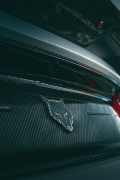 Close-up detail of the custom wolf badge on William Howard's 2018 Ford Mustang GT.