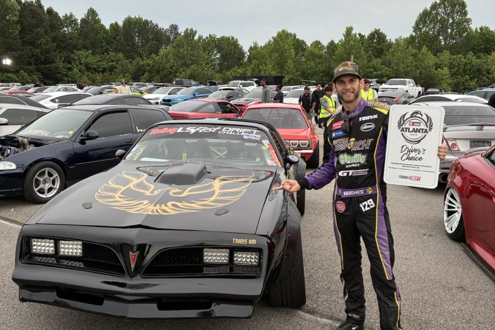 Dylan Hughes presenting the Driver’s Choice Award to JJ Alfano’s 1978 Pontiac Trans Am at PASMAG Tuning365 Formula DRIFT Atlanta 2026