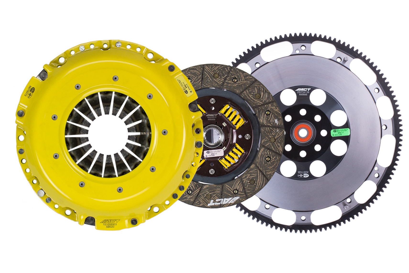 ACT SB12 clutch kit with yellow pressure plate, clutch disc, and XACT Prolite chromoly flywheel for the 2005-2026 Subaru WRX.