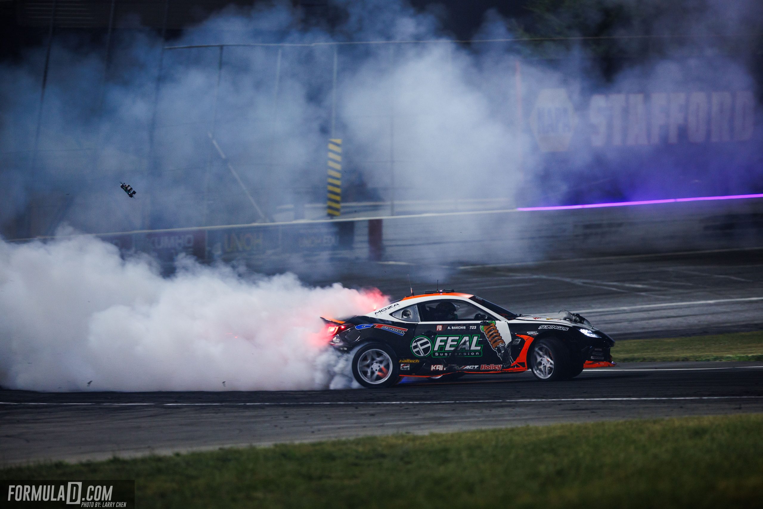 Aurimas “Odi” Bakchis drifts the Feal Suspension Subaru BRZ during Formula DRIFT PRO Round 4 at Stafford Motor Speedway in 2026.