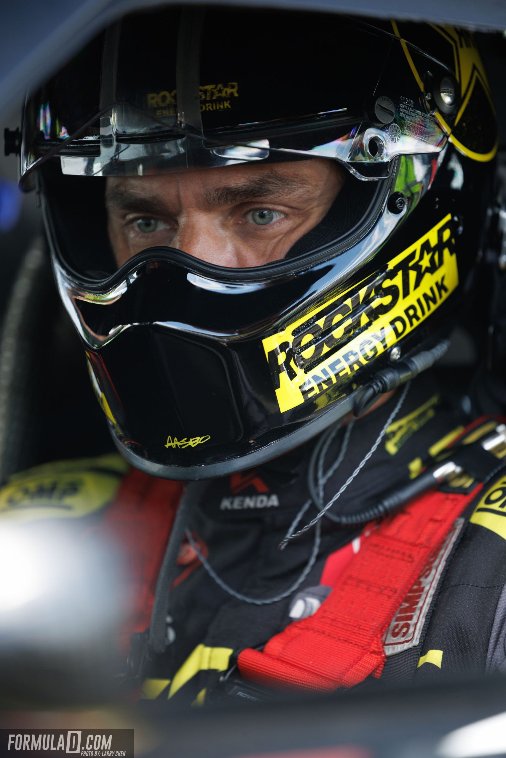 Fredric Aasbo sits strapped in before competition at Formula DRIFT Connecticut in 2026.