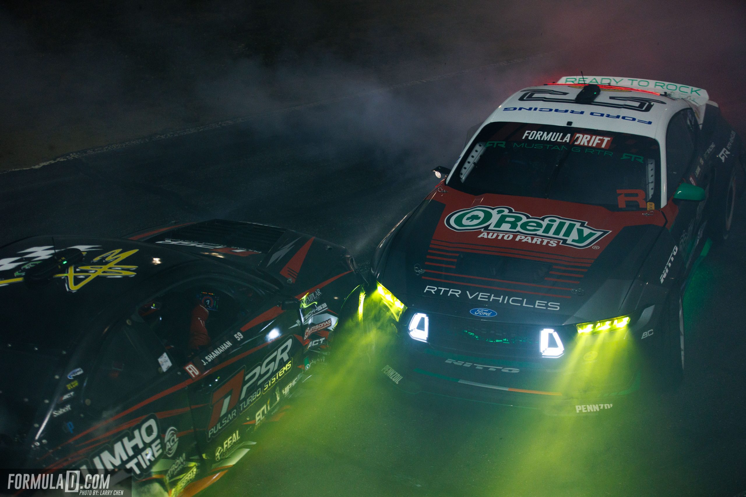 James Deane battles Jack Shanahan during the Formula DRIFT PRO Round 4 Final at Stafford Motor Speedway in 2026.