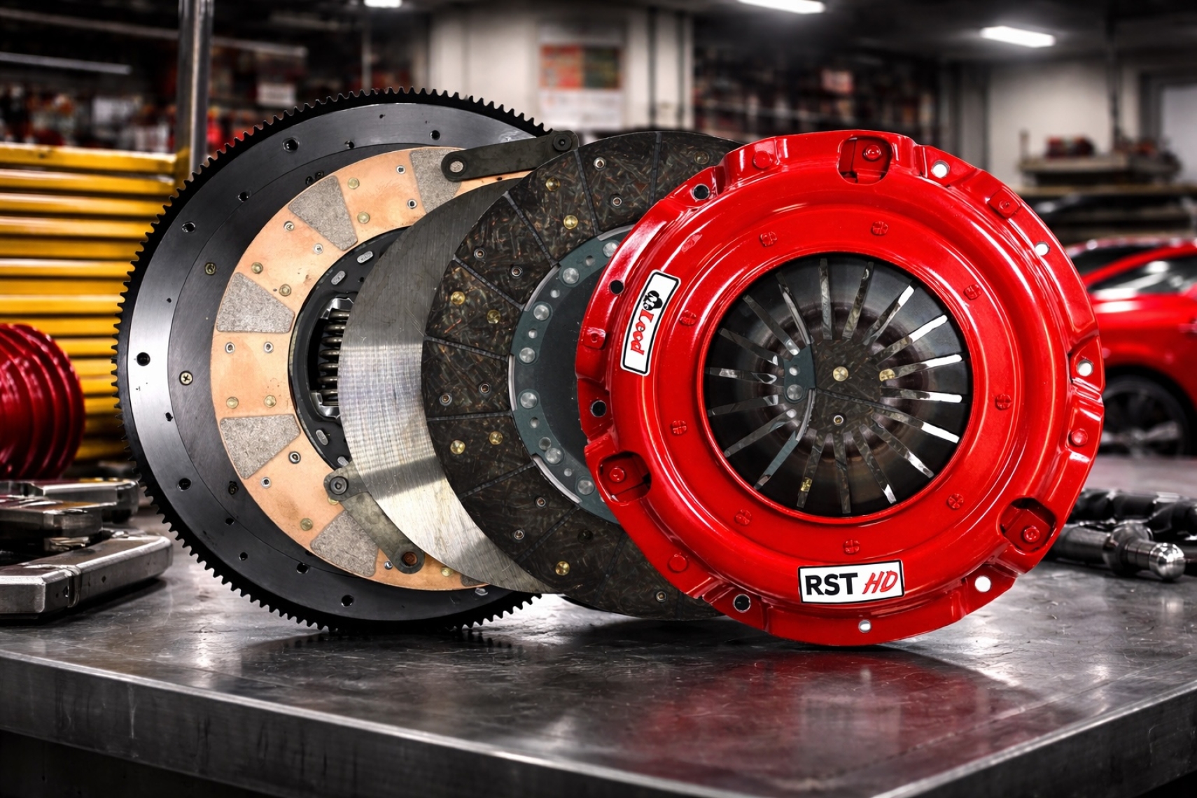 McLeod RST HD Clutch Kit with red pressure plate, hybrid friction disc, and flywheel displayed on a workbench.