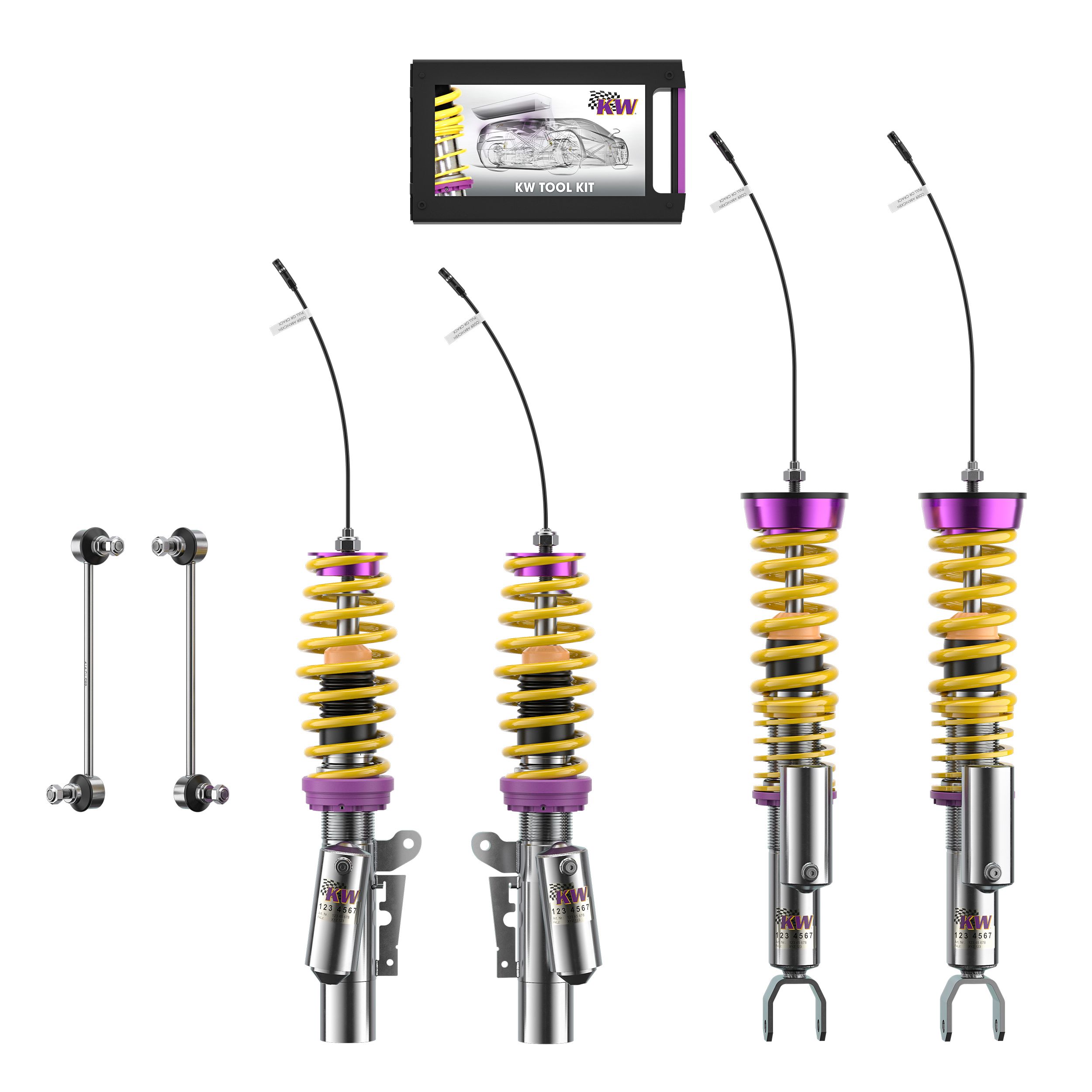 KW DDC Plug & Play coilover kit for Porsche 911 997 with front and rear dampers, springs, end links, and tool kit.