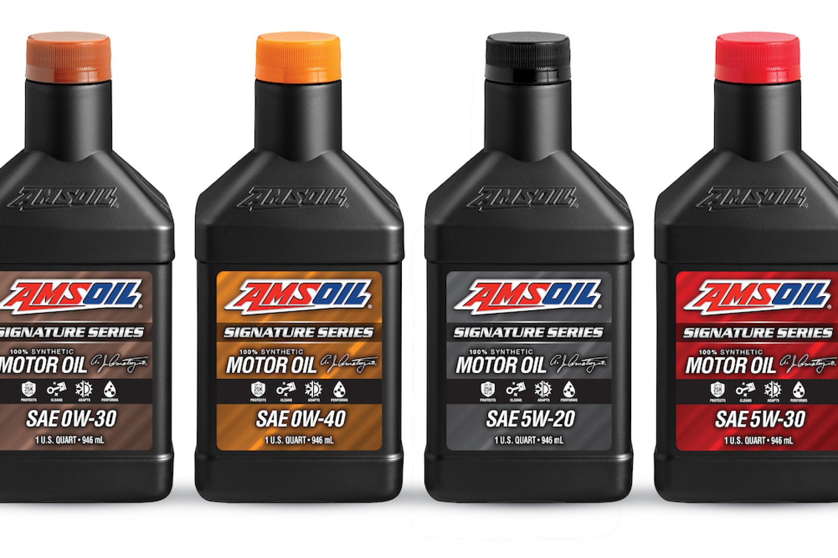 AMSOIL Signature Series 100% Synthetic Motor Oil bottles shown in multiple viscosity grades.