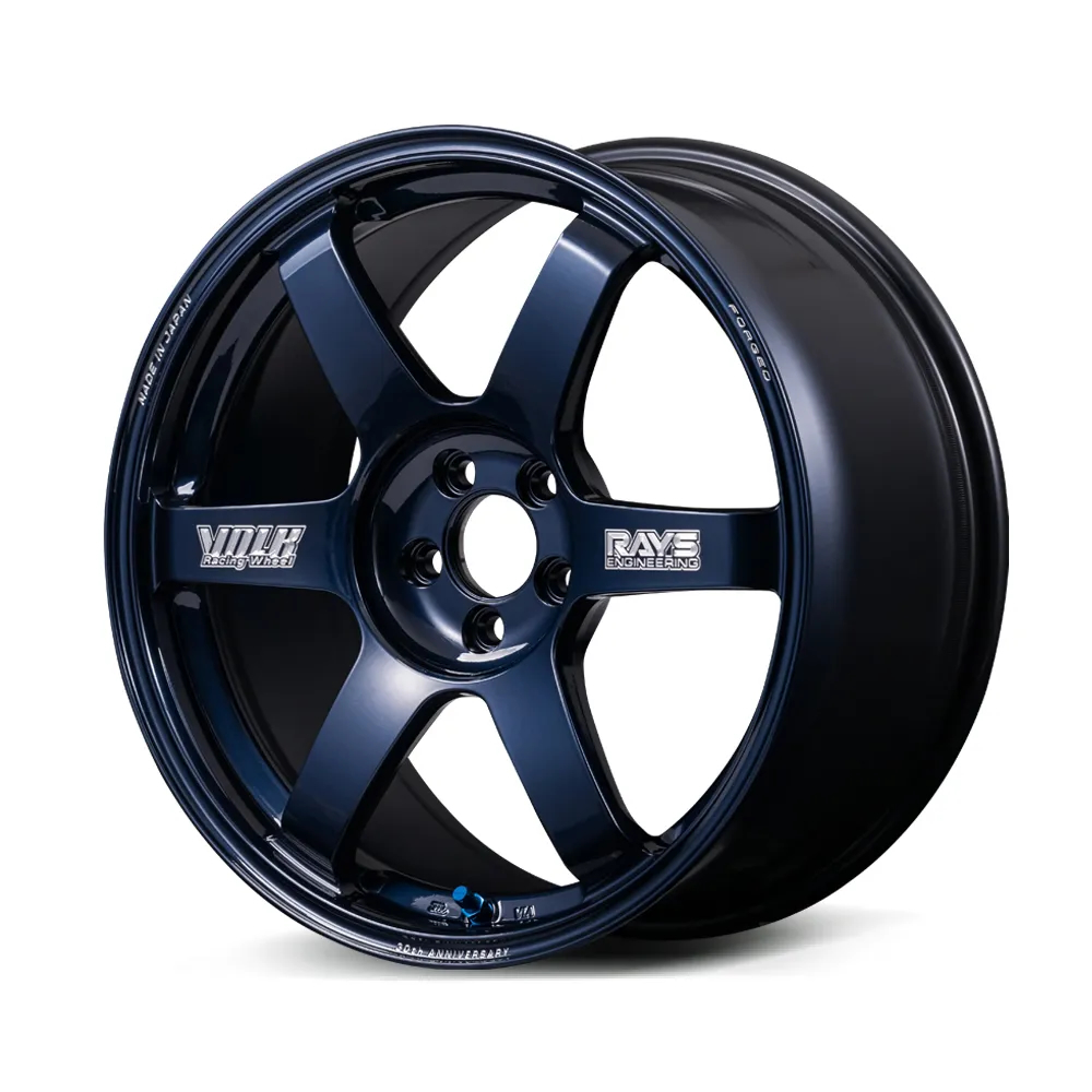 RAYS VOLK RACING TE37 SAGA S-plus 30th Machining Version wheel shown in Mag Blue finish with machined VOLK Racing and RAYS Engineering spoke logos.
