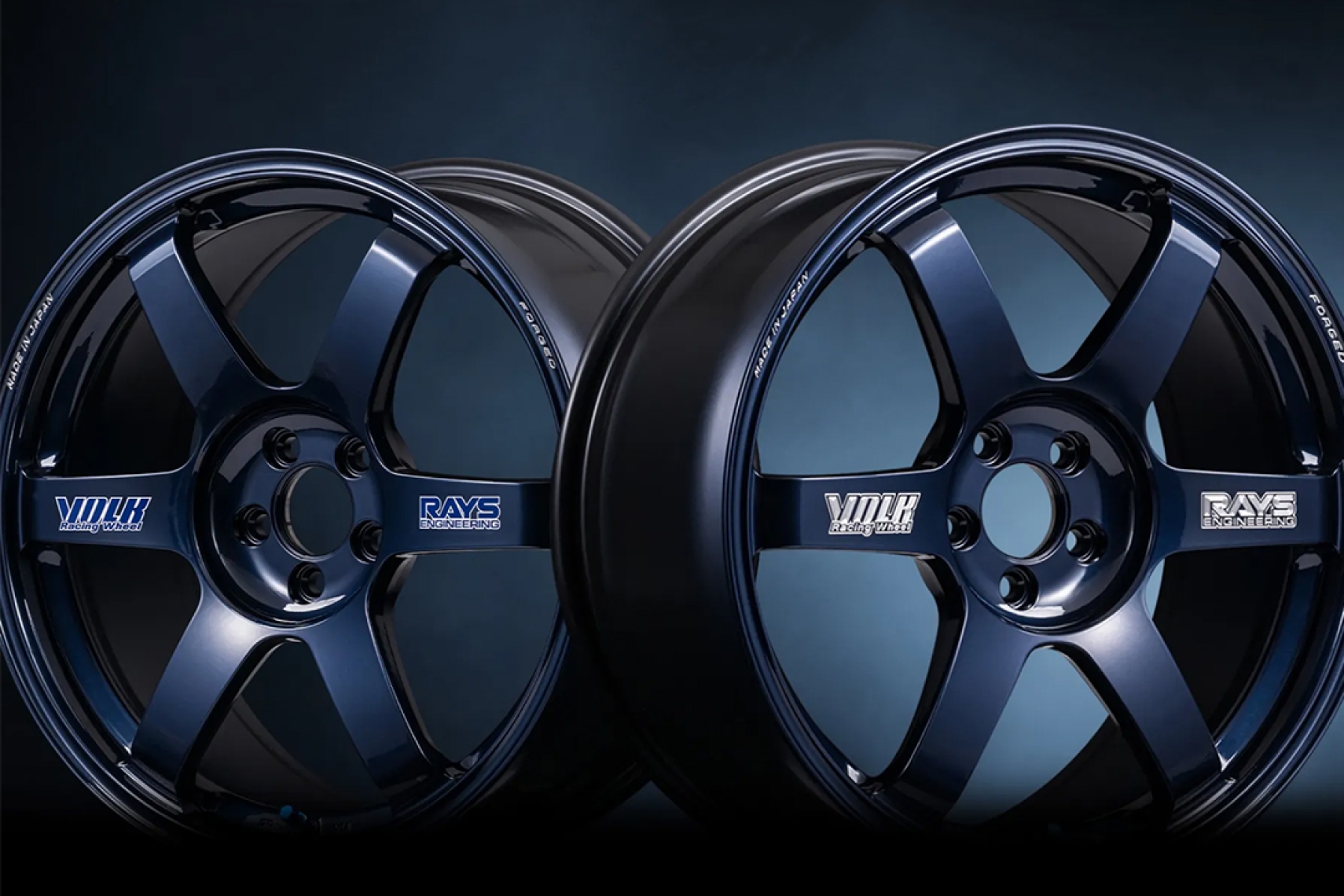 RAYS VOLK RACING TE37 SAGA S-plus 30th Anniversary wheels shown in Mag Blue finish with VOLK Racing and RAYS Engineering spoke decals.