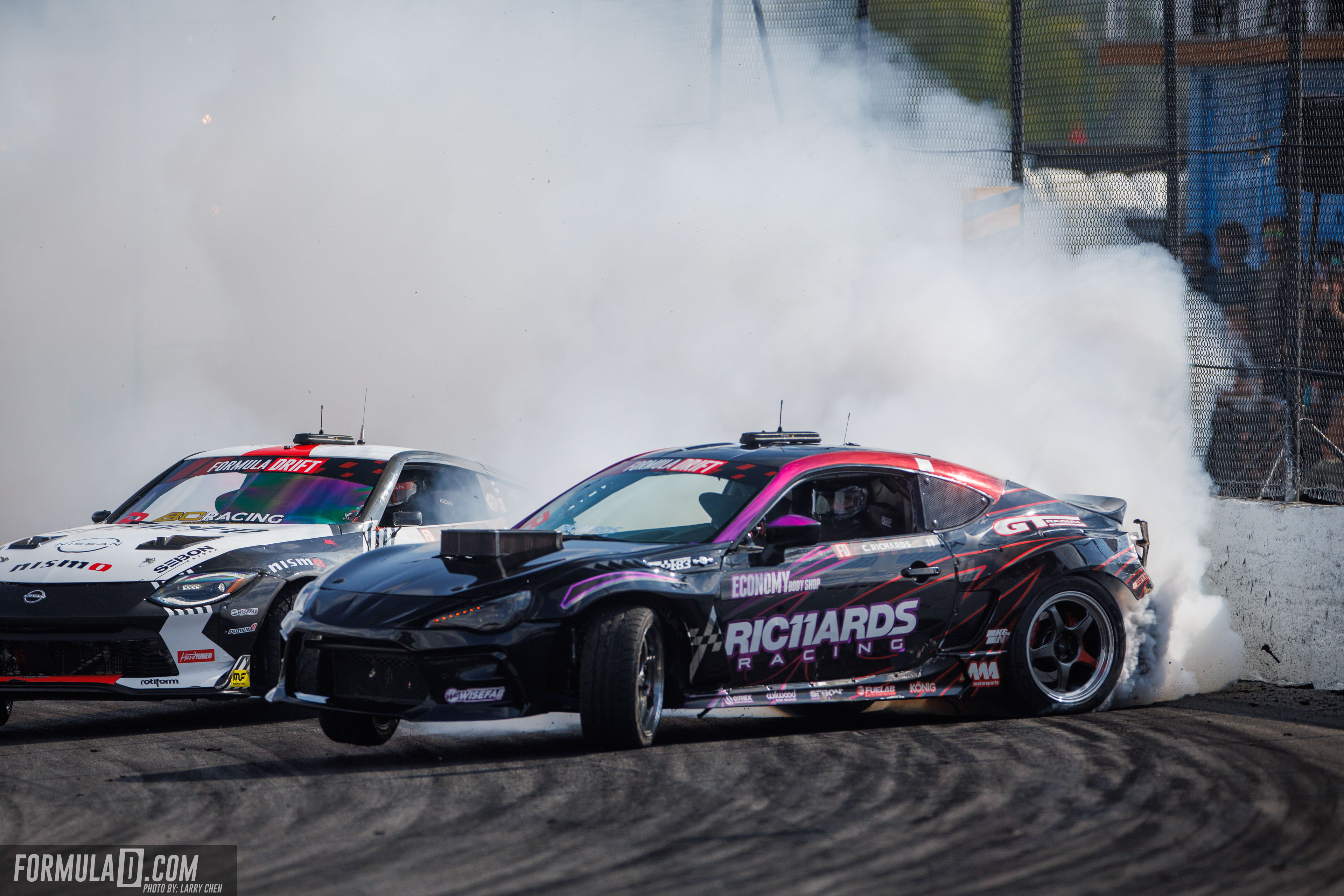 Cole Richards battles through smoke during Formula DRIFT PRO Round 6 at Evergreen Speedway in 2026.