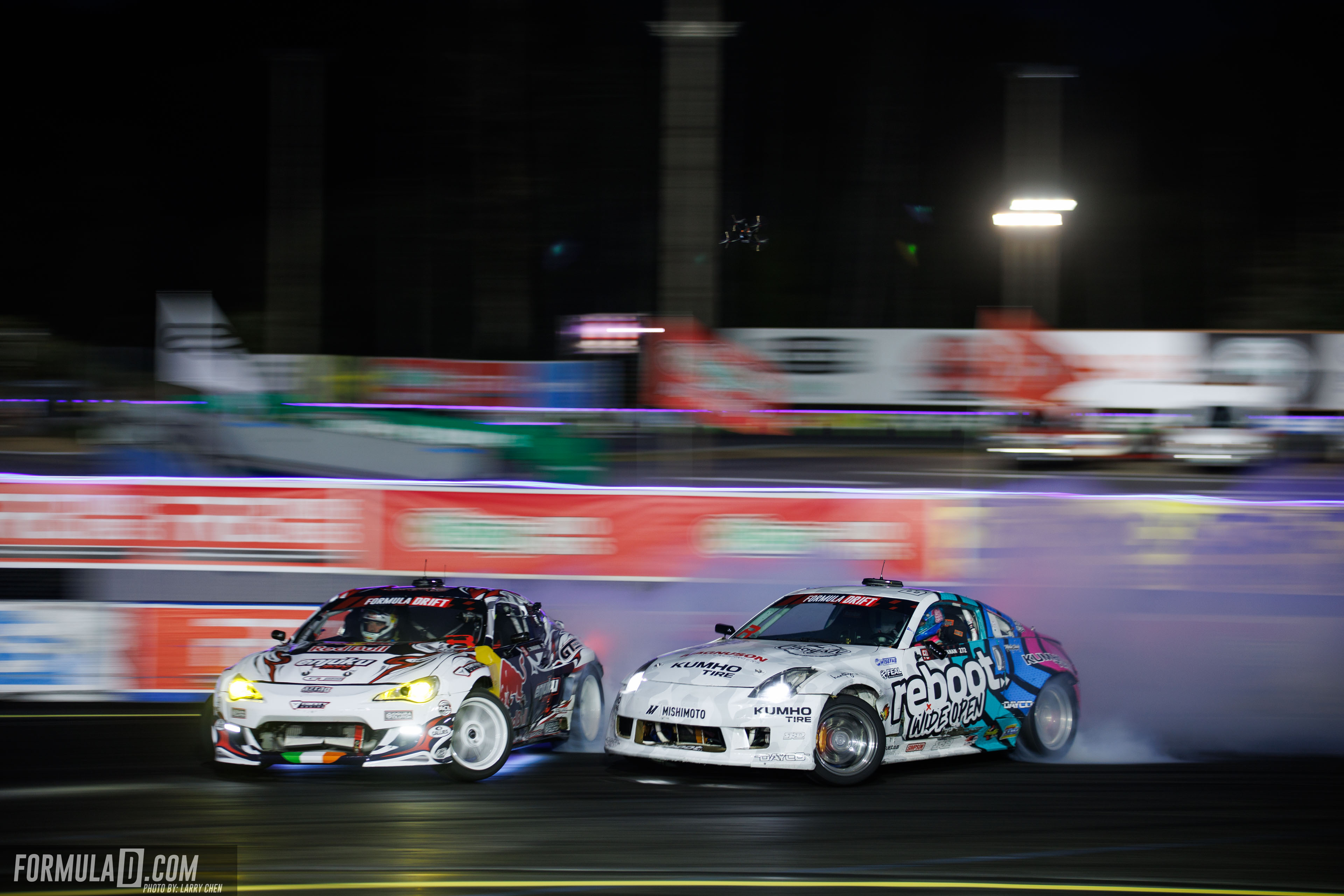 Conor Shanahan battles Cody Buchanan during the Formula DRIFT PRO Round 6 Top 8 at Evergreen Speedway in 2026.