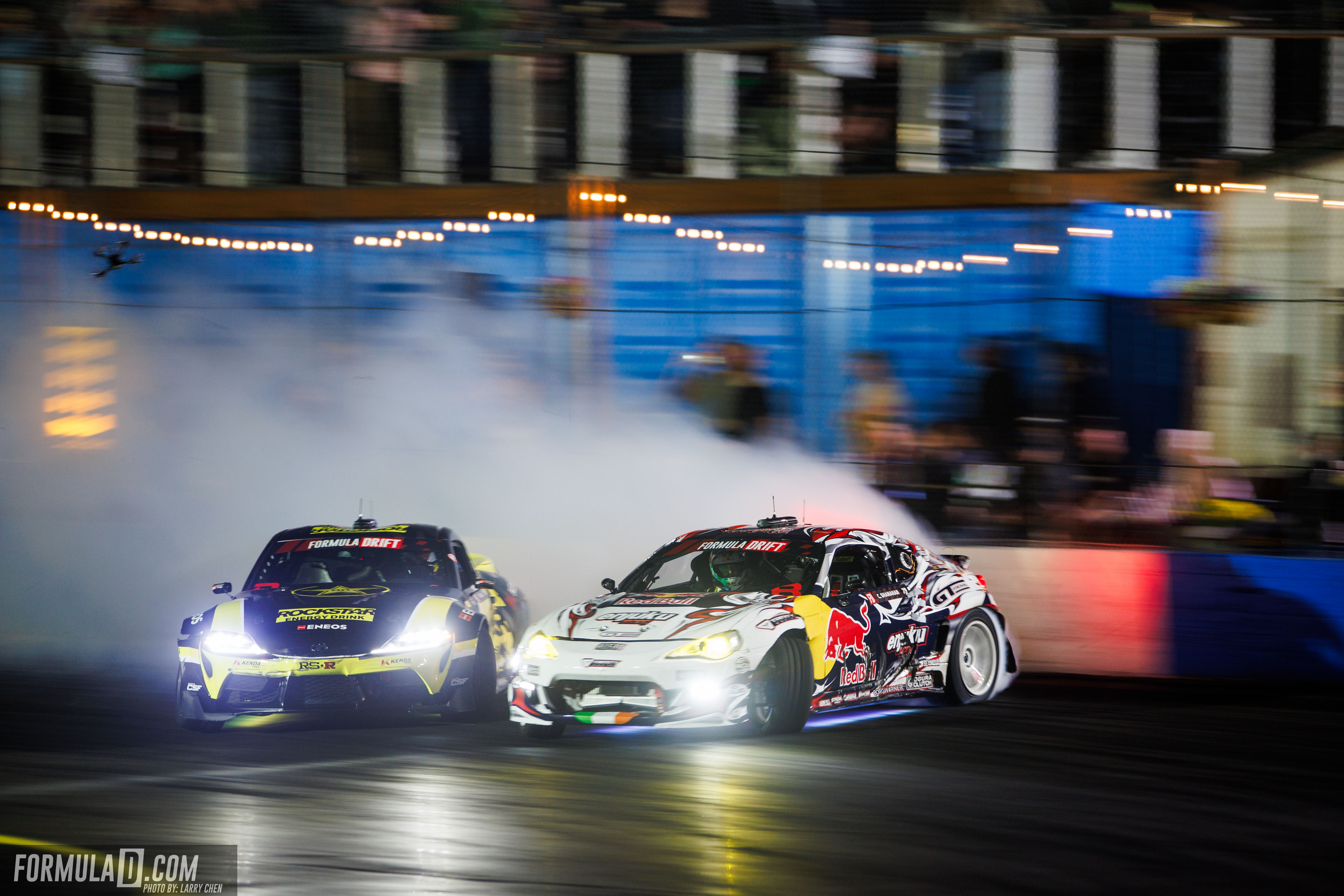 Fredric Aasbo battles Conor Shanahan during the Formula DRIFT PRO Round 6 Final at Evergreen Speedway in 2026.