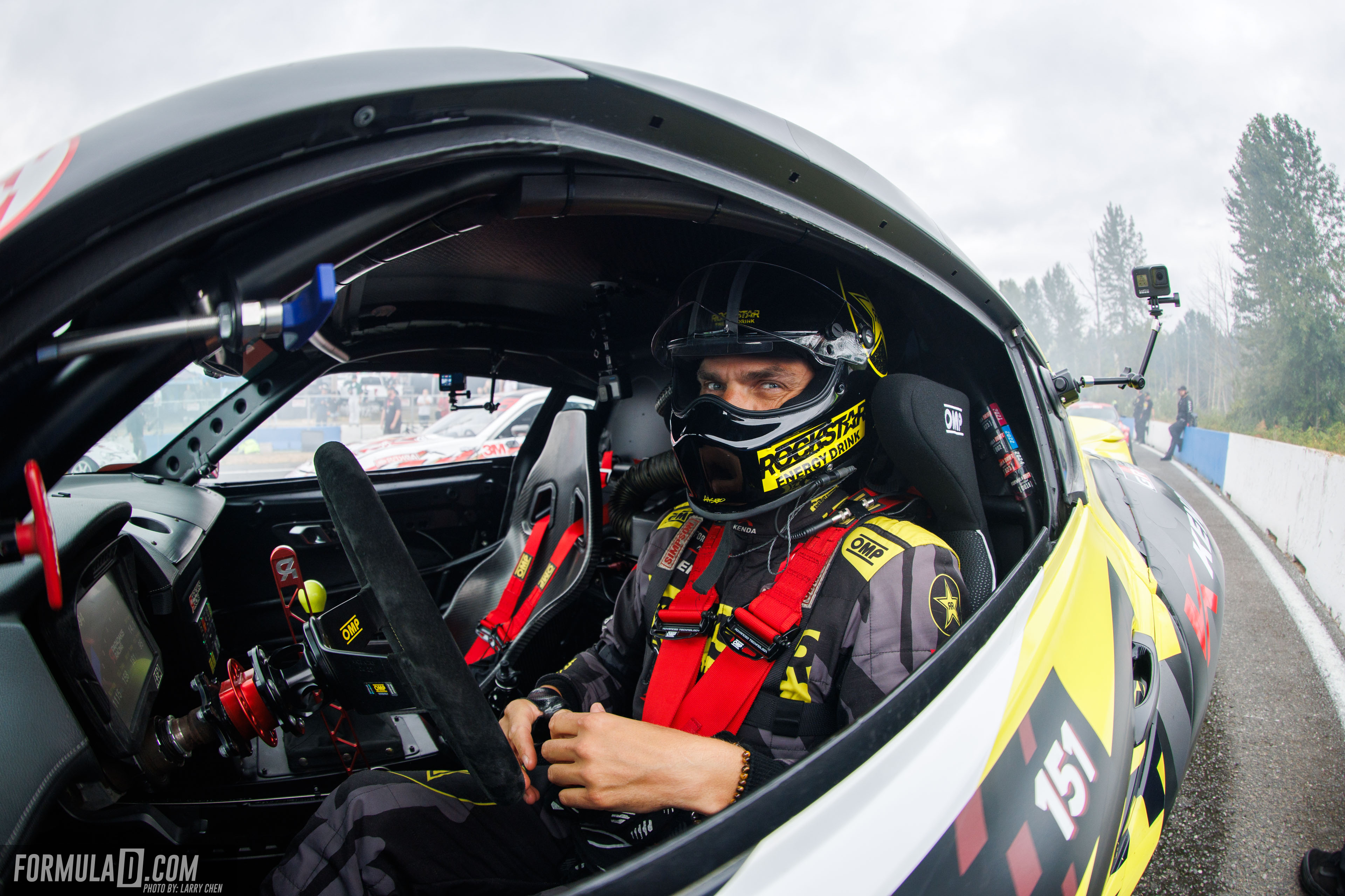 Fredric Aasbo sits strapped into his Rockstar Energy Toyota GR Supra during Formula DRIFT PRO Round 6 at Evergreen Speedway in 2026.