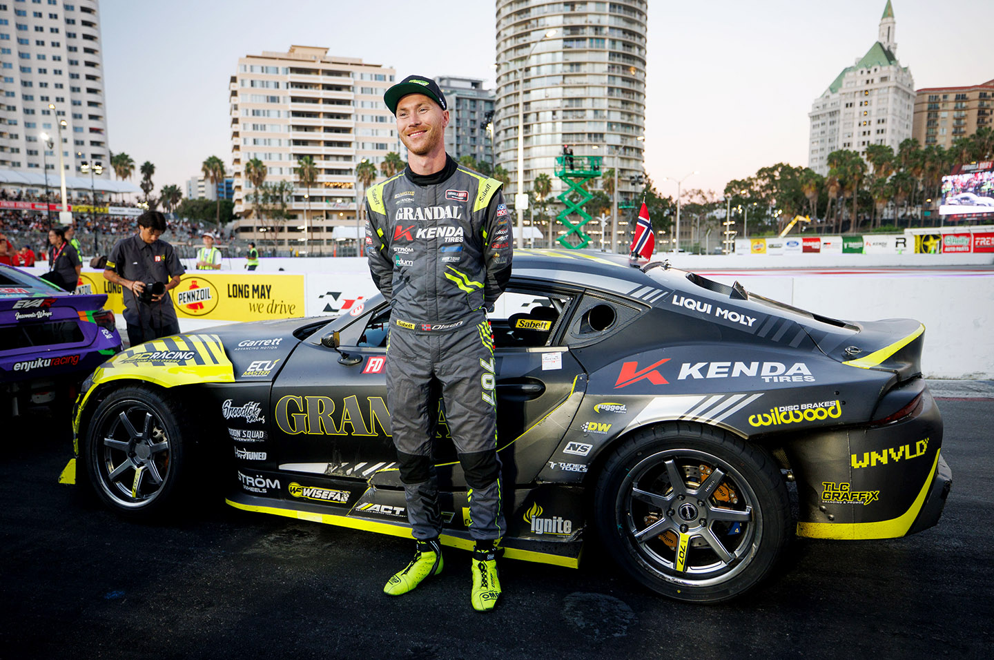 Simen Olsen stands beside his Toyota GR Supra at the 2026 Formula Drift PRO season finale in Long Beach, California.