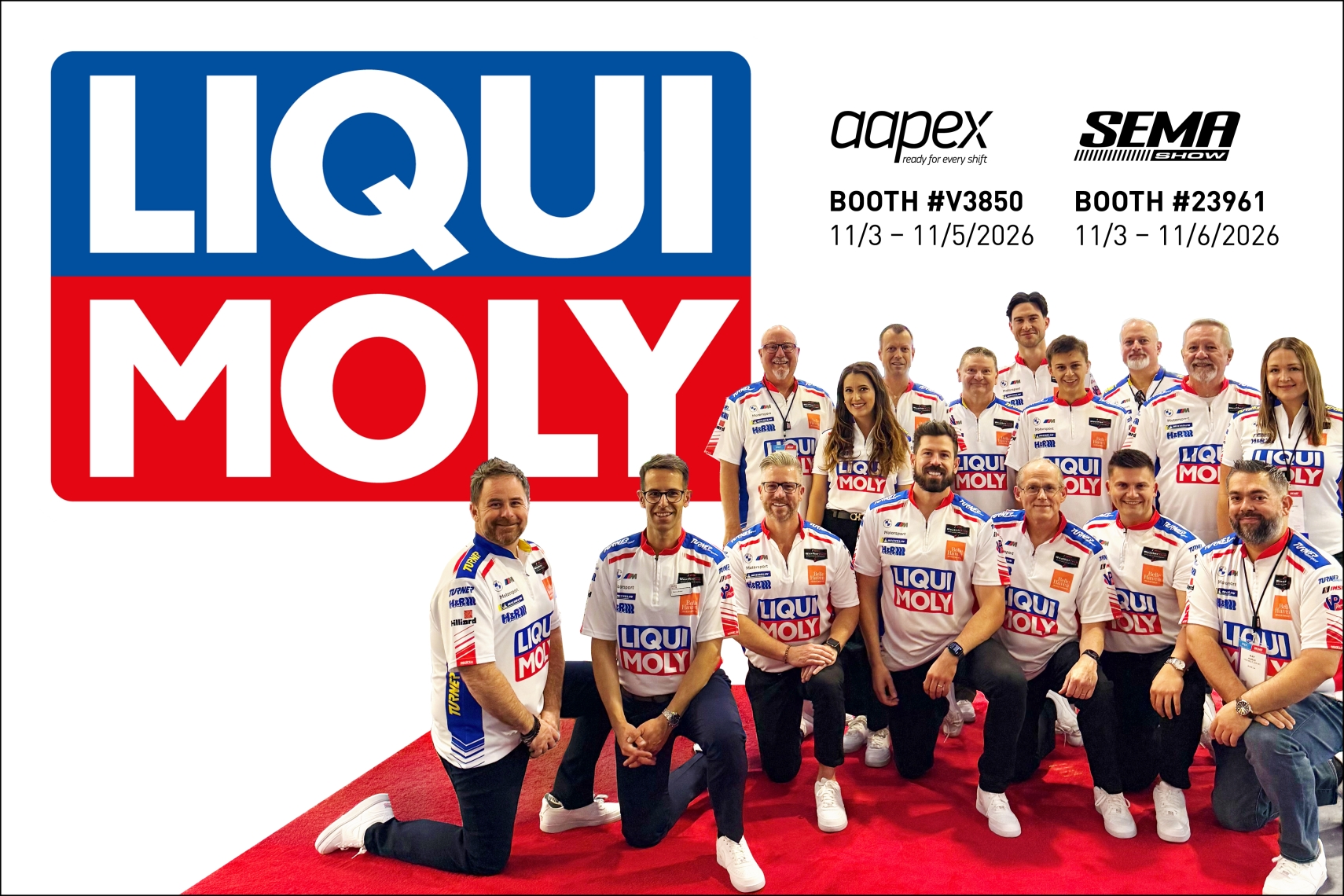 LIQUI MOLY team promotional photo for SEMA and AAPEX 2026, featuring company representatives, event logos, booth numbers and show dates.