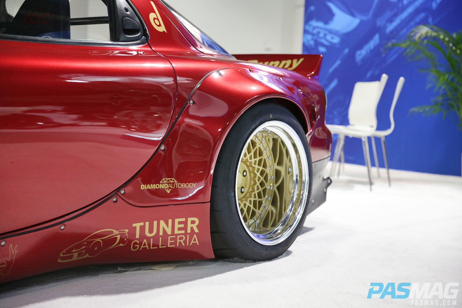 PASMAG SEMA 2014 Mazda RX7 Enkei 6666 Rocket Bunny Jim Pan Tuner Galleria Takata Bride Stoptech rear wheel