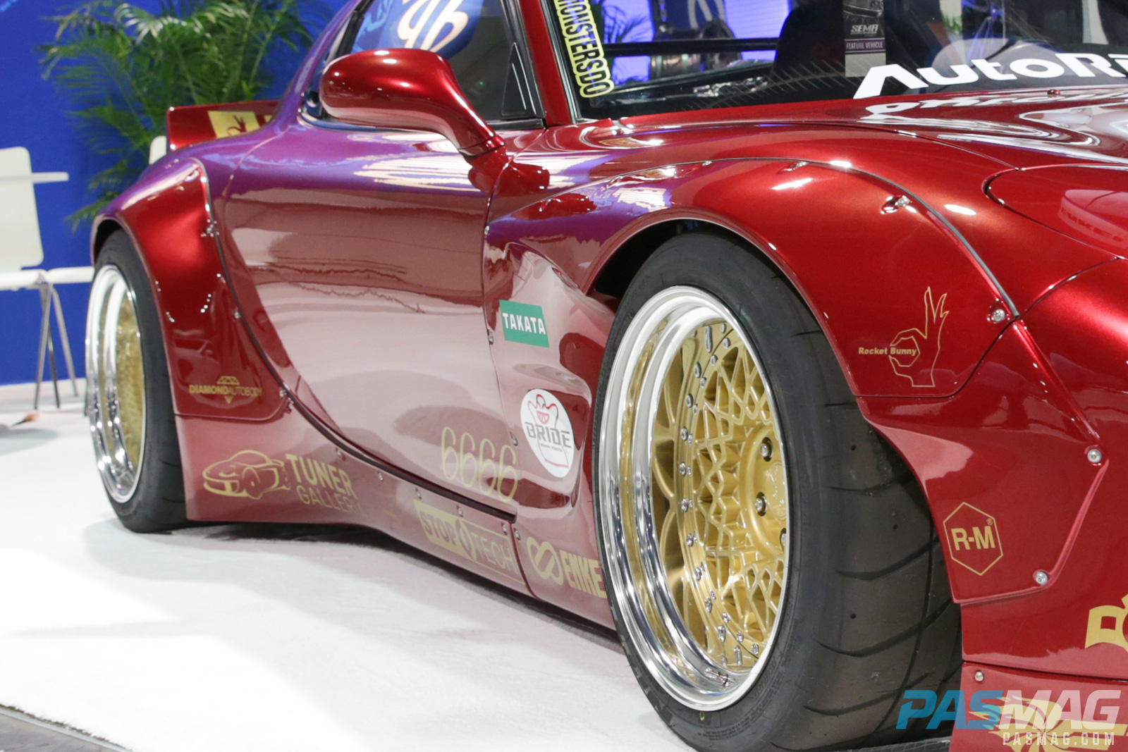 PASMAG SEMA 2014 Mazda RX7 Enkei 6666 Rocket Bunny Jim Pan Tuner Galleria Takata Bride Stoptech wheels