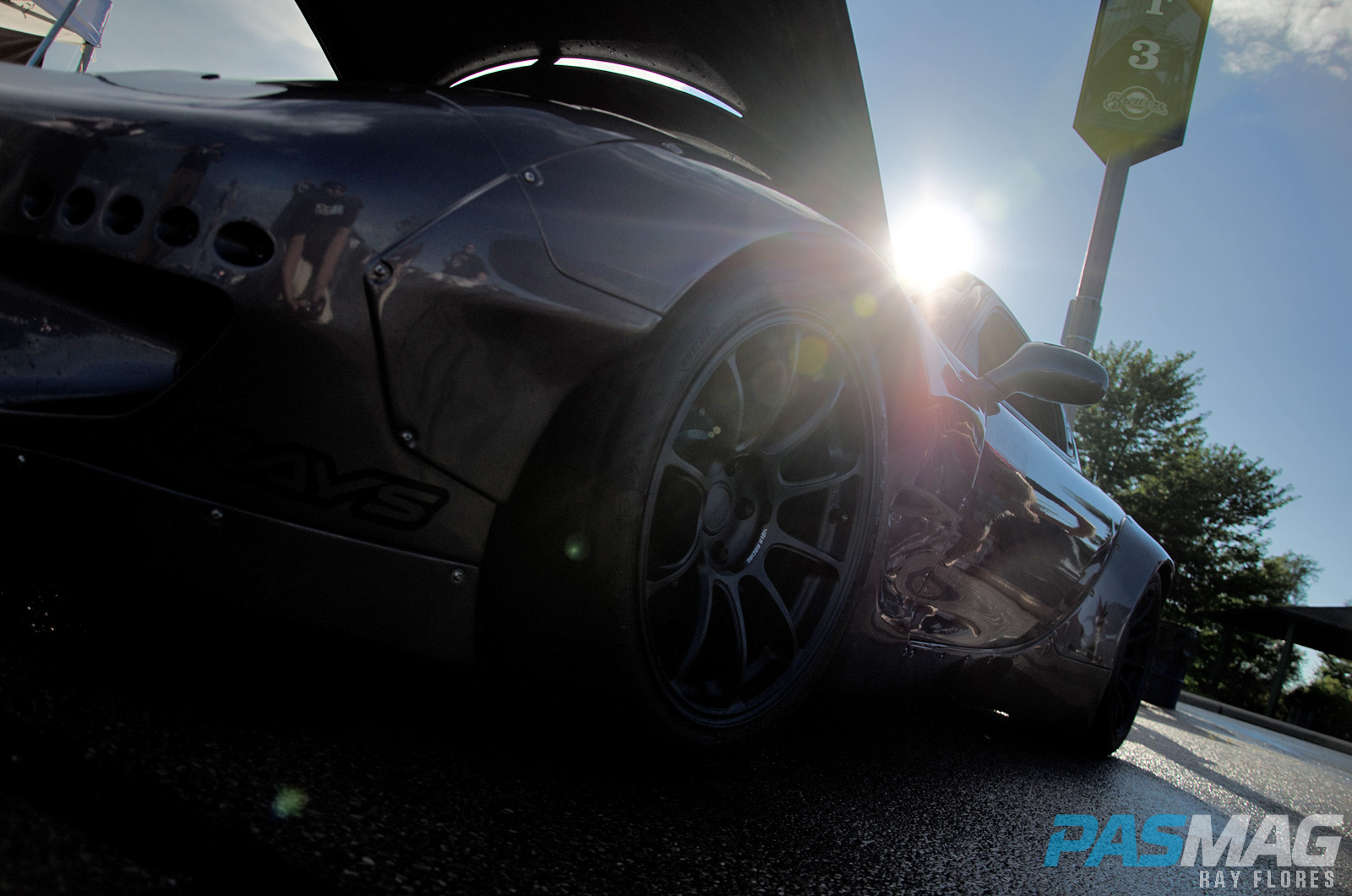 PASMAG StanceWI OnPointMotorsports Mazda RX7 Rocket Bunny LS Swap close dark