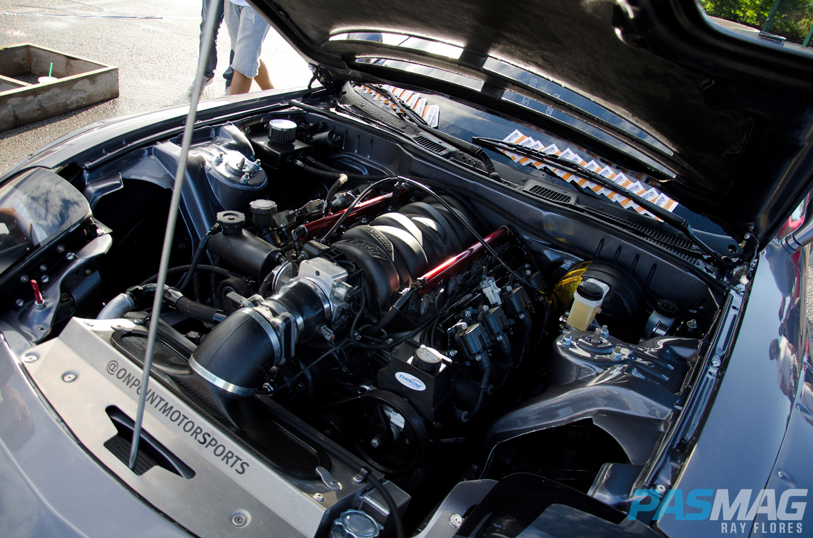 PASMAG StanceWI OnPointMotorsports Mazda RX7 Rocket Bunny LS Swap engine top